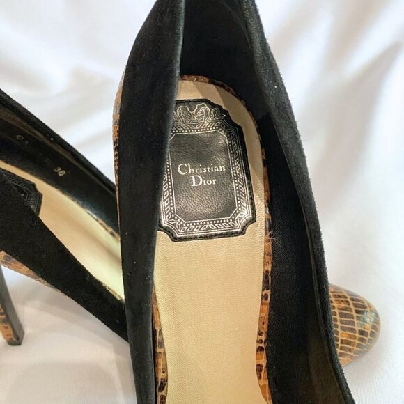 CHRISTIAN DIOR BROWN SNAKE EMBOSSED LEATHER BLACK SUEDE STILETTO HEEL PUMPS - 38 - Picture 9 of 9